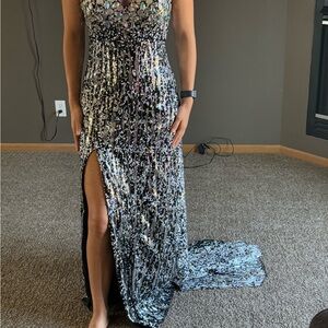 Silver Sleeveless Plunge Neck Gown for Prom